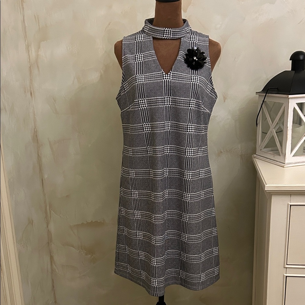 Roz & Ali Gray Checkered Mini Dress with Black Floral Detail